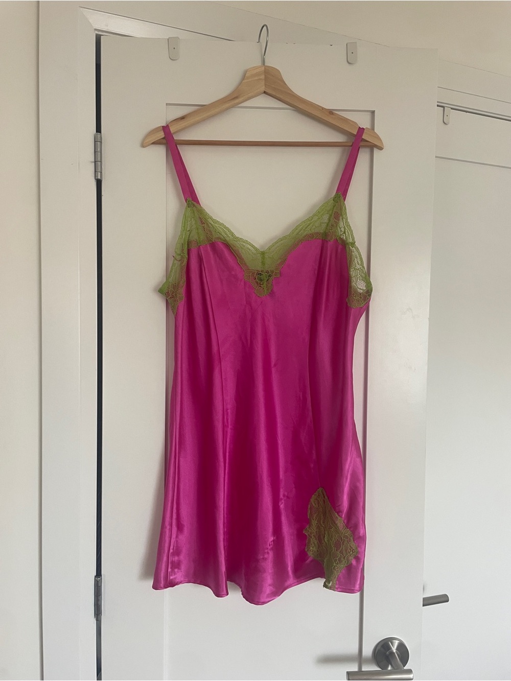 Fuchsia Satin Lace Slip Dress with Green Trim